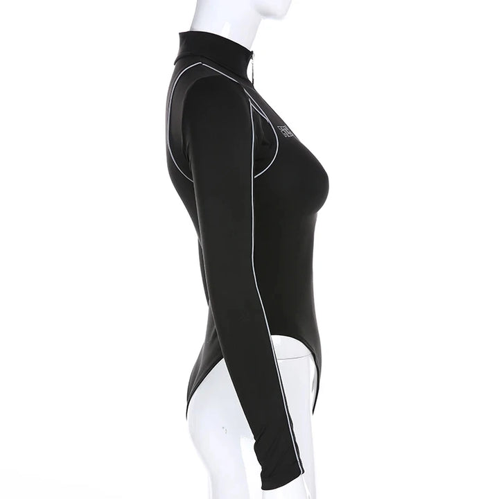 Women's Tight Bottoming Sexy Body T-Shirt Long Sleeve Bodysuit Women Personality High-Neck Reflective Zipper One-Piece Tops