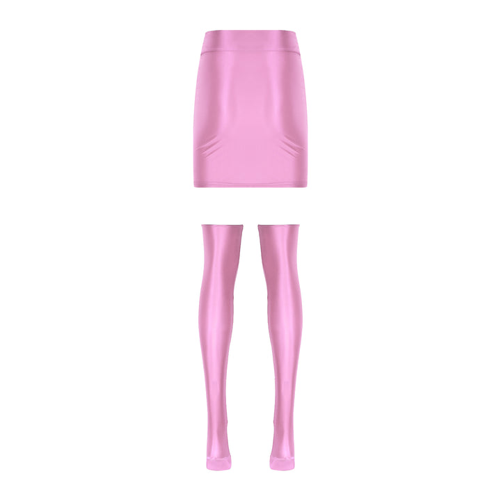 Womens Glossy Nightclub Outfit Shiny High Waist Mini Skirt with Stockings Set Rave Party Cheer Booty Workout Pole Dance Clubwear