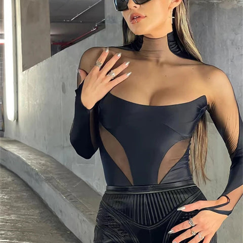 kliou Summer Women Above Knee Sexy&Club Mesh Patchwork Bodysuit K22K25045 Girl See Through All-match Tops One Piece Attirewear