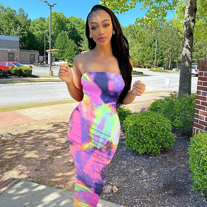 Spring And Summer Dresses For Women Chest Wrap Printed Off Shoulder Bandage Slim Sexy Long Dress 2023 New Fashion party MsChuh