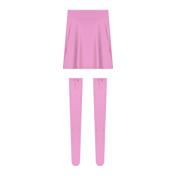 Womens Glossy Nightclub Outfit Shiny High Waist Mini Skirt with Stockings Set Rave Party Cheer Booty Workout Pole Dance Clubwear
