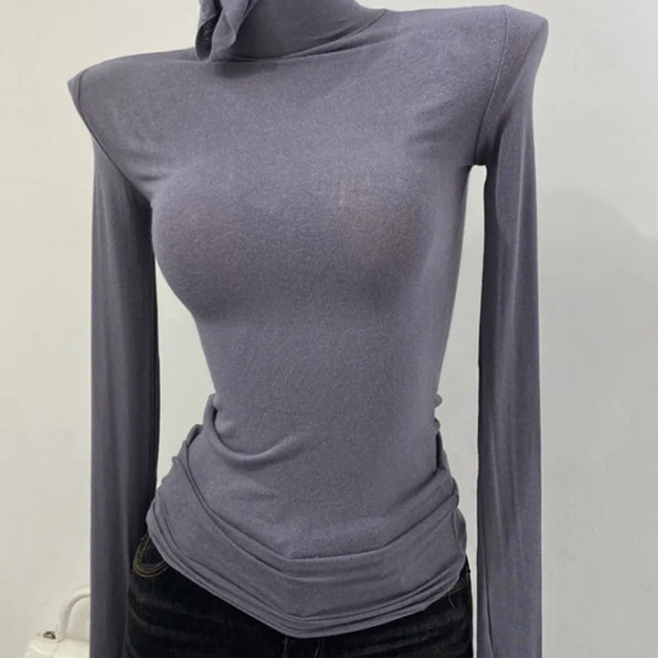 Thin Soft American Long Sleeve T-shirt High Stacked Neck Tight Perspective Bottom Shirt Women's Slim Fit Tops Sexy Streetwear