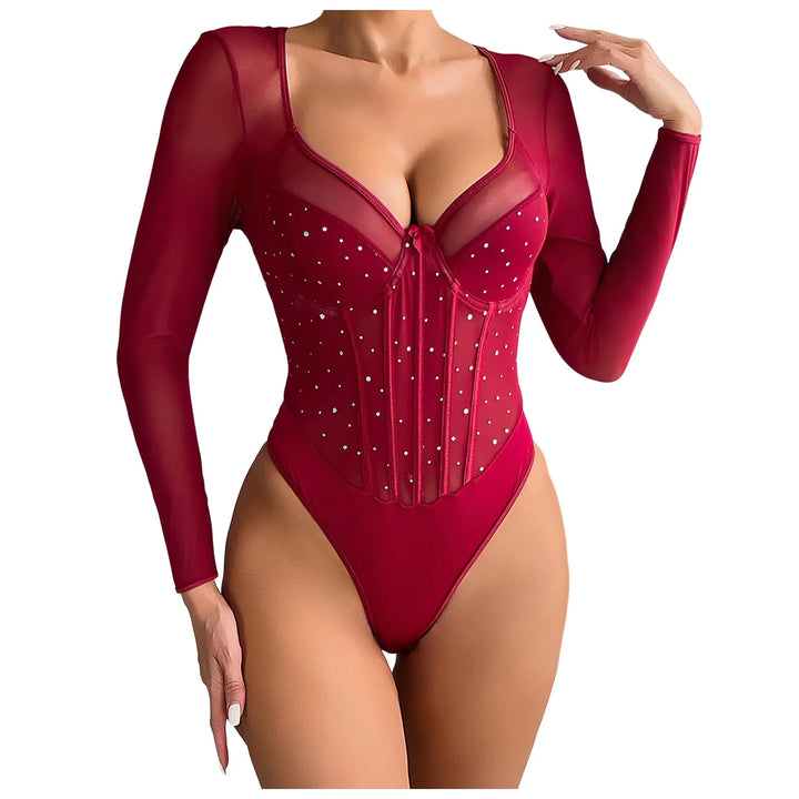 Women One-Piece Bodysuit Sexy Shiny Sequins Long Sleeve Bottoming Undershirts Deep V-Neck Mesh Jumpsuits Y2k Tops Mujer Clubwear