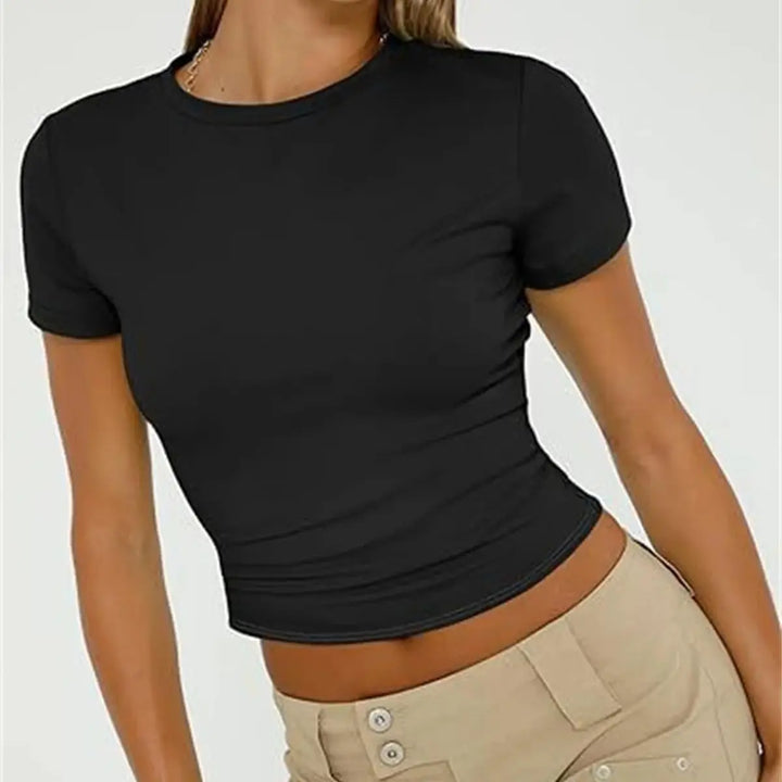 Casual Basic T-Shirts For Women Spring Summer New Short Sleeve O Neck Top Solid Simple Y2k Tees Lady Pullover Crop Tops Street