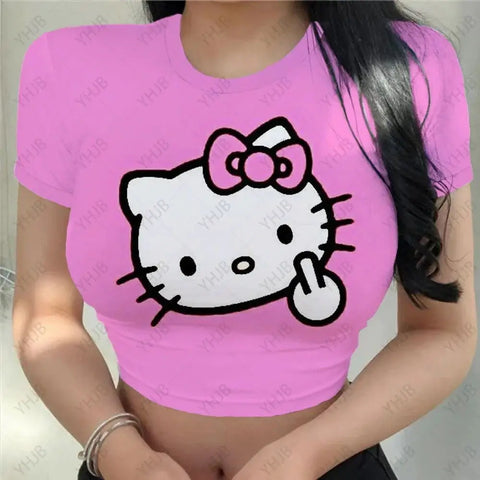 Summer Aesthetic Patchwork Crop Top Women Vintage Punk Hello Kitty Print  Short Sleeve T-Shirt Sexy style Y2k Clothes Pink Tee