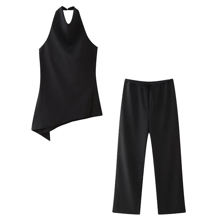Willshela Women Fashion Two Piece Set Brown Pleated Halter Neck Tops & Straight Pants Vintage Female Chic Lady Pants Suit