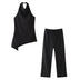 Willshela Women Fashion Two Piece Set Brown Pleated Halter Neck Tops & Straight Pants Vintage Female Chic Lady Pants Suit