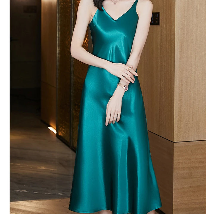 #4938 Sleeveless Spaghetti Straps Midi Satin Dress Women Solid Color V-neck Sexy A-line Party Dresses Women Evening Summer 2024