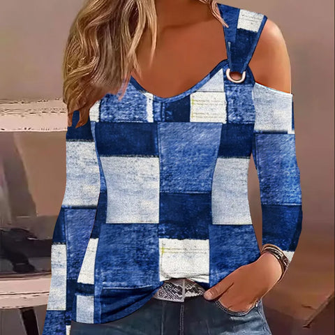 Fashion Woman Blouse 2023 Spring Denim Look Print Cold Shoulder Eyelet Casual Long Sleeve Daily T-Shirt Top Y2K Clothes