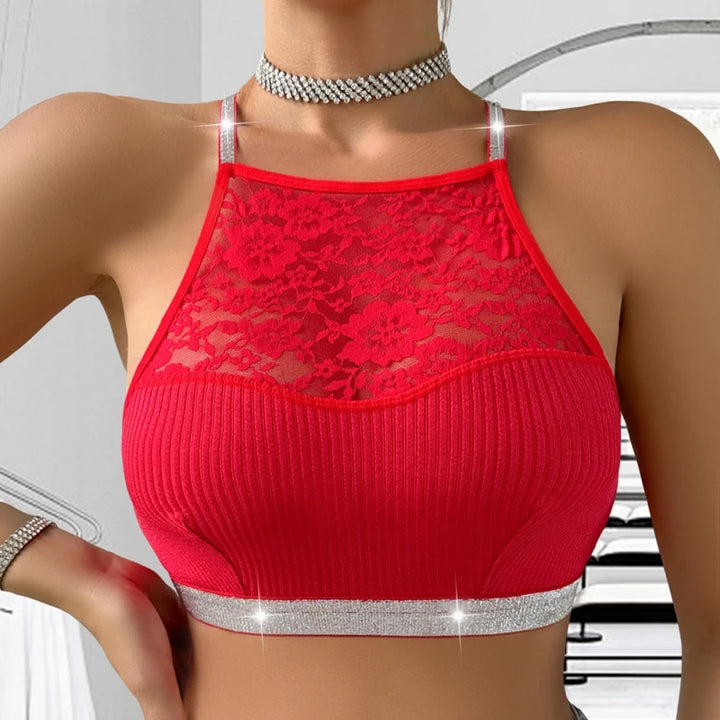 Lace Stitching Halter Neck Vest For Women Silver Ribbon Backless Underwear Outer Wear Slim Sexy Versatile Comfortable