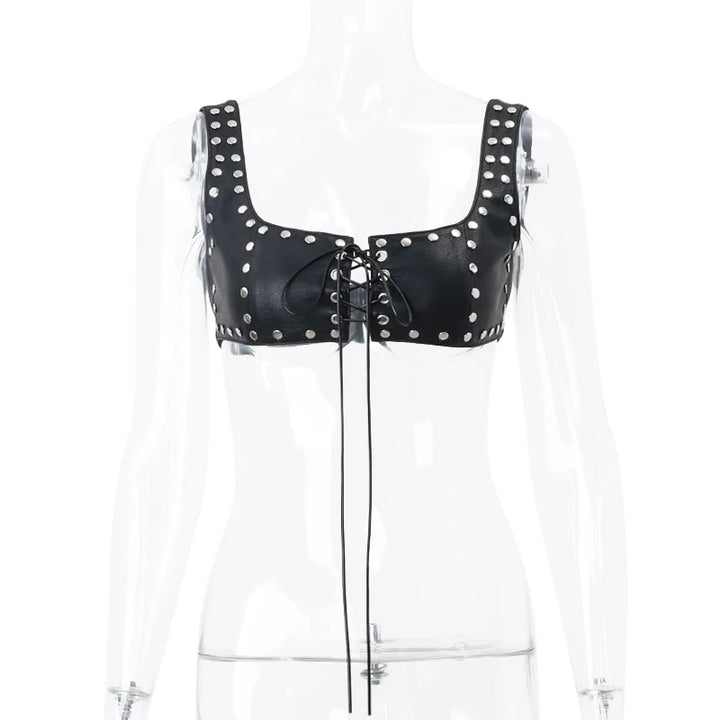 WhereMery Gothic PU Leather Bandage Tank Top Y2K Sexy Multi Rivet Backless Crop Tops 2024 Summer Punk Rock Evening Club Camisole