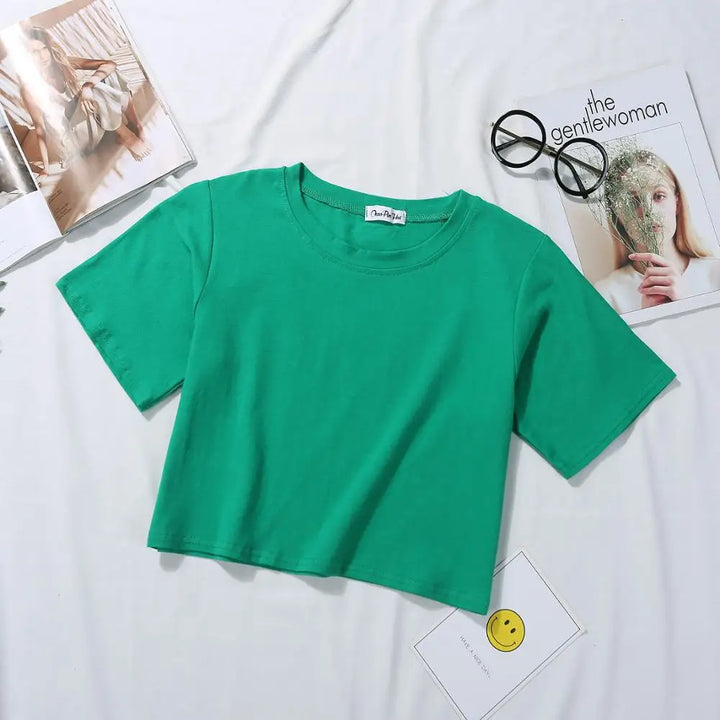 2024 Summer Short Sleeve T Shirts Women Cotton Solid T-shirt O Neck High Waist Crop Top Tee Female Casual Loose T Shirt