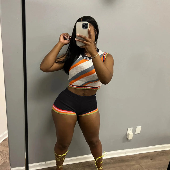 CM.YAYA Knit Ribbed Fashion Women's Set Striped Tank Top and Shorts Suit 2023 Summer Chic Two 2 Piece Set Outfit Tracksuit