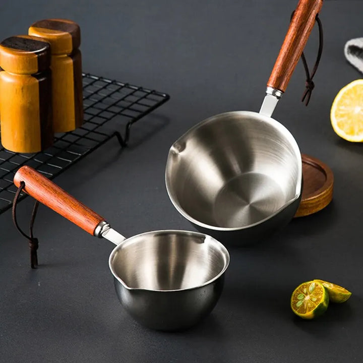 Stainless Steel Oil Pot with Wooden Handle 120ml/200ml Spilled Mini Soup Milk Pot Scalding-proof Kitchen Tool Cook Accessories