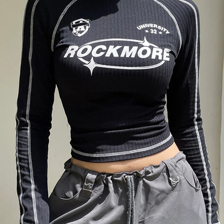 Black Sexy Women's Tees Autumn Fashion New Streetwear Bodycon Casual Basic T-shirt Female Long Sleeves Print O-Neck Y2K Crop Top