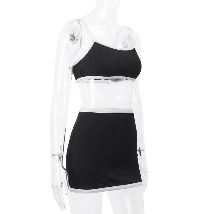 WhereMery Casual Sporting Women Outfit Simple High Streetwear Patchwork Slip Tank Top With Skinny Elastic Mini Skirt 2 Piece Set