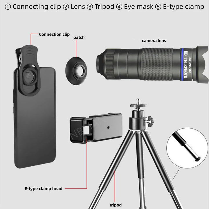 Telephoto Zoom Macro Fisheye 4-in-1 Wide-angle Lens Kit Phone Camera Lens 36X Phone Telephoto IPhone Samsung Xiaomi Huawei