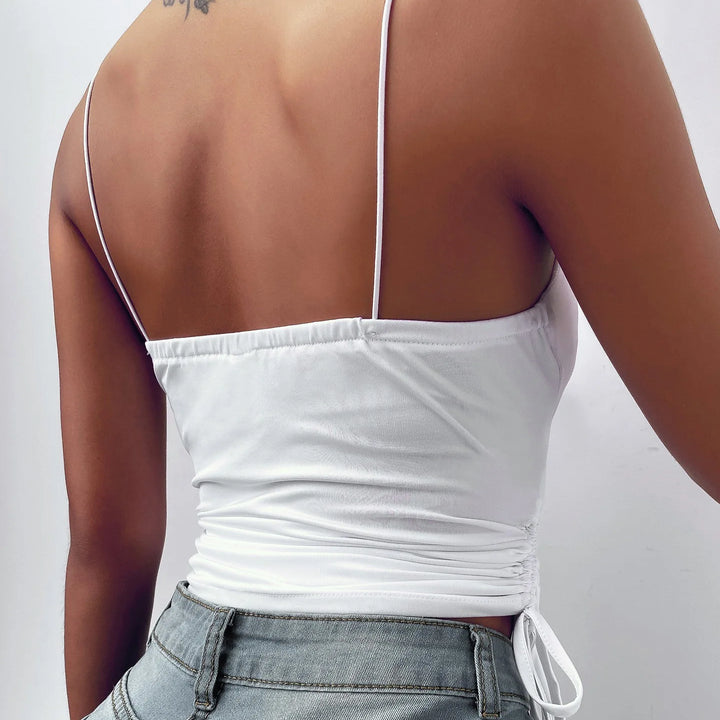 Women's Solid Tank Top V Neck Camisole Cami Drawstring Spaghetti Strap Top Sleeveless Blouse Tank Shirt New Summer Crop Top