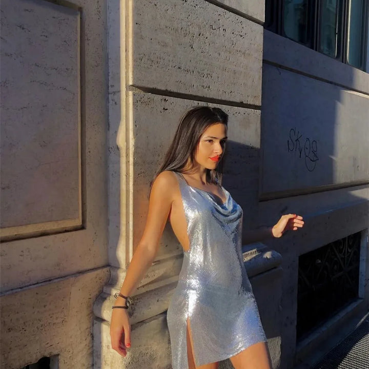 Glitter Metal Sequins Mini Dress Women Sexy Deep V Neck Backless Side Split Dress Rave Festival Nightclub Party Evening Dresses