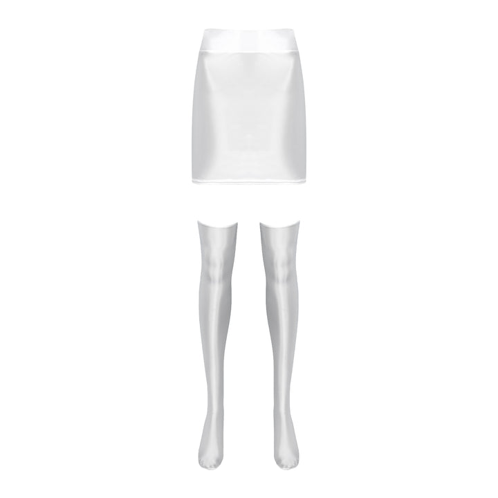 Womens Glossy Nightclub Outfit Shiny High Waist Mini Skirt with Stockings Set Rave Party Cheer Booty Workout Pole Dance Clubwear