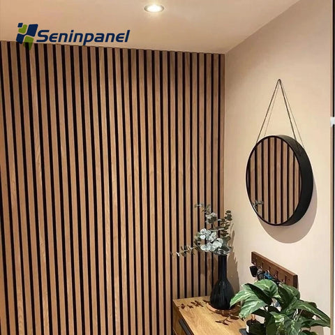 Seninpanel Eco-Friendly Wall Decorative Natural Oak Wood Veneer Mdf Slat Acoustic Panel With Black Pet Felt Panel Backing