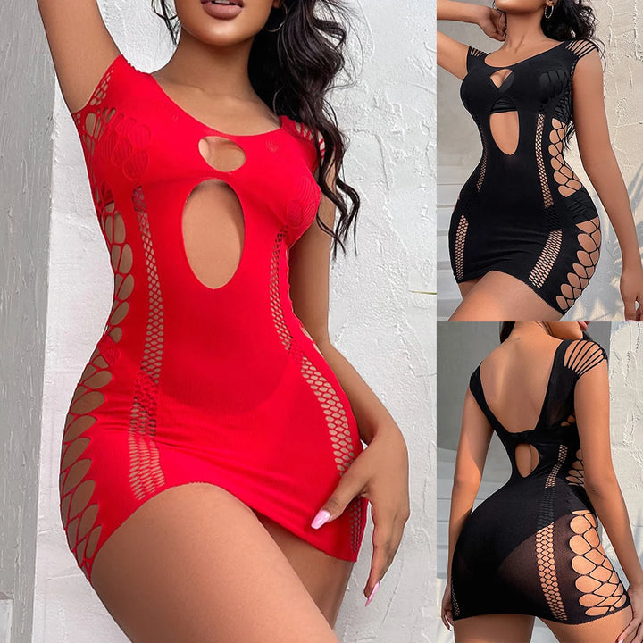 Sexy Women's Bodycone Mini Dress Solid Color Fishnet See Through Backless Clubwear Elastic Ladies Dresses