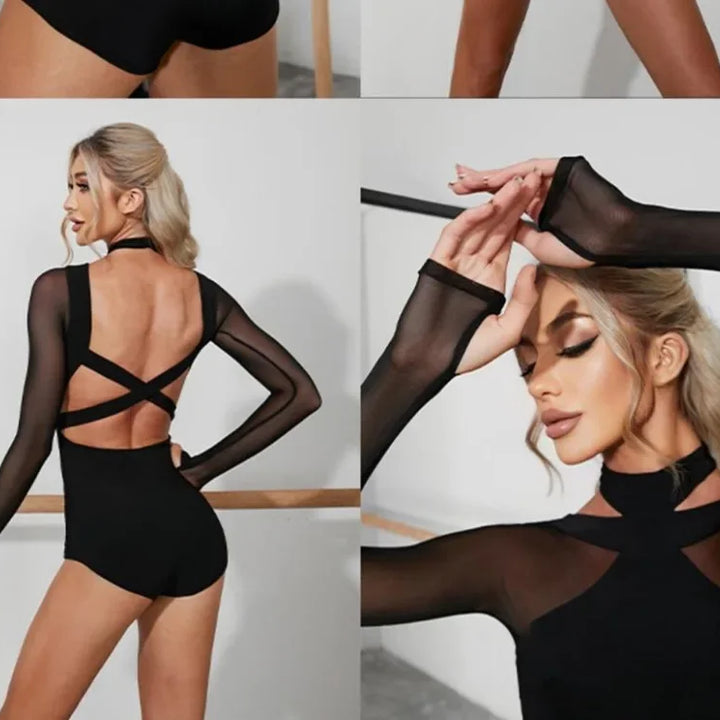 Women Latin Dance Body Top Black Mesh Conjoined Backless Cross Belt Pair It with Dance Dress Lingerie Training Performance