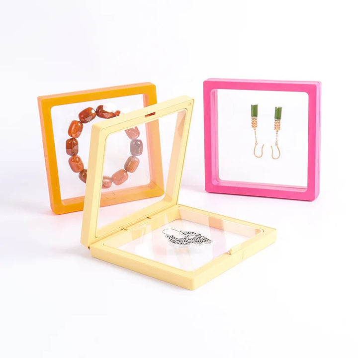 Transparent PE Film Jewelry Storage Box Color 3D Floating Display Frame Coin Dustproof Exhibition Ring Earrings Organizer Case