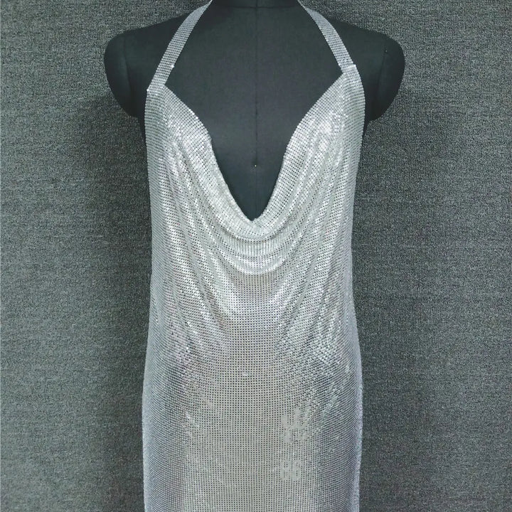 Glitter Metal Sequins Mini Dress Women Sexy Deep V Neck Backless Side Split Dress Rave Festival Nightclub Party Evening Dresses
