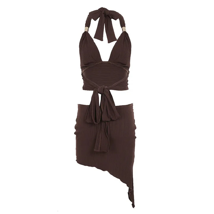 Purple Skirts Two Piece Sets Summer Holidays Party Outfits 2025 New Sexy Halter V-neck Tops and Irregular Mini Skirts Suits