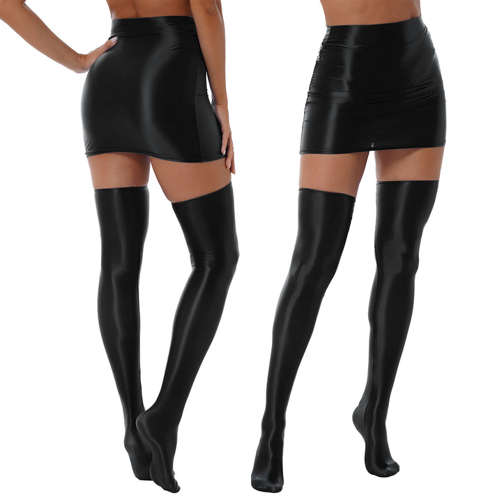 Womens Glossy Nightclub Outfit Shiny High Waist Mini Skirt with Stockings Set Rave Party Cheer Booty Workout Pole Dance Clubwear