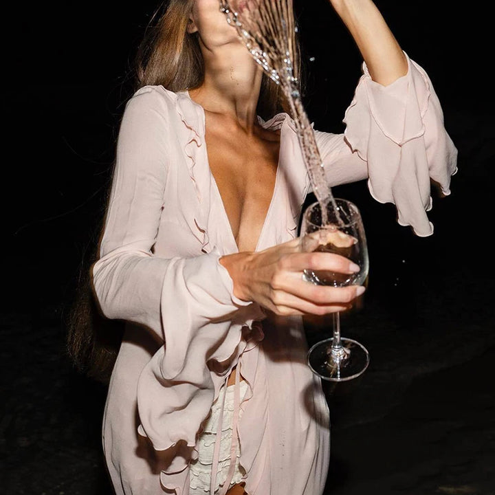 OIINAA Ruffle Bikini Cover-Ups Women Beach Cover Up Elegant Long Sleeve Lace Up Summer Solid Fashion Female Holiday Beachwear