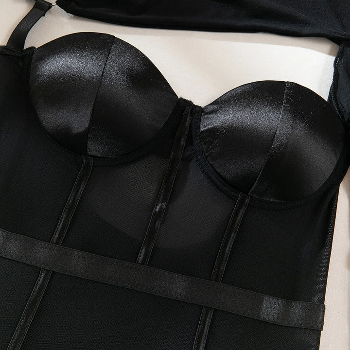 Lady Sexy Single Shoulder Sleeve Shapewear Chest Gathered Cotton Splicing Mesh Underwear Women's Black Hollow Backless Jumpsuit