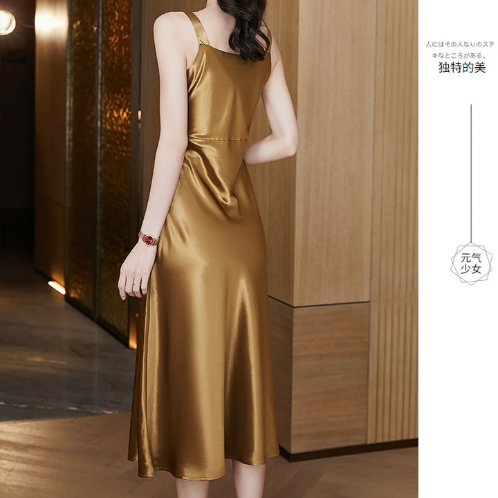 #4938 Sleeveless Spaghetti Straps Midi Satin Dress Women Solid Color V-neck Sexy A-line Party Dresses Women Evening Summer 2024