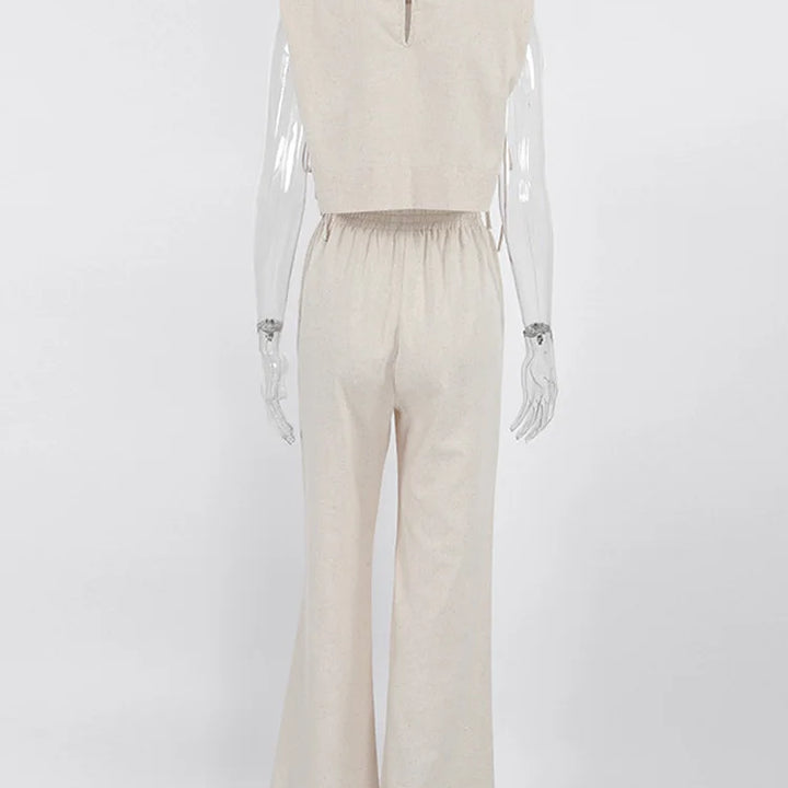 Spring Summer 2025 Women Holiday Linen Pant Set Crop Tops Solid Outfits 2 Two Piece Matching Set For Women
