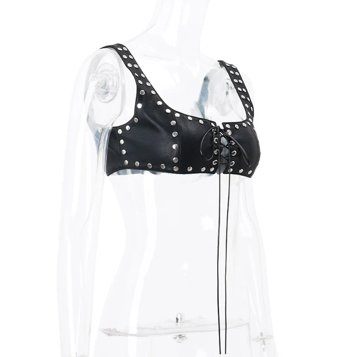 WhereMery Gothic PU Leather Bandage Tank Top Y2K Sexy Multi Rivet Backless Crop Tops 2024 Summer Punk Rock Evening Club Camisole