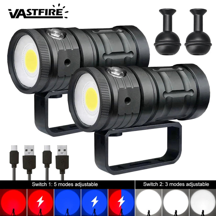 Professional LED Diving Flashlight 18000LM COB Tactical Torch IPX8 Waterproof Glare Video Camera Light White Blue Red Fill Light