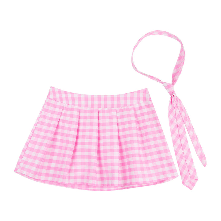 High Waist Plaid Pleated Skirt With Necktie Sexy Club Outfits for Women Summer Party Harajuku E Girl Preppy A-line Mini Skirts