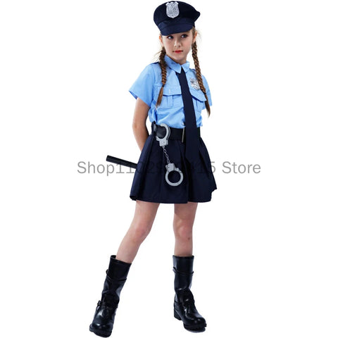5Pcs Kids Police Uniform Carnival Girls Dress Children Policeman Stage Party Cosplay Costume Hat Tie Belt Handcuffs Outfits Set