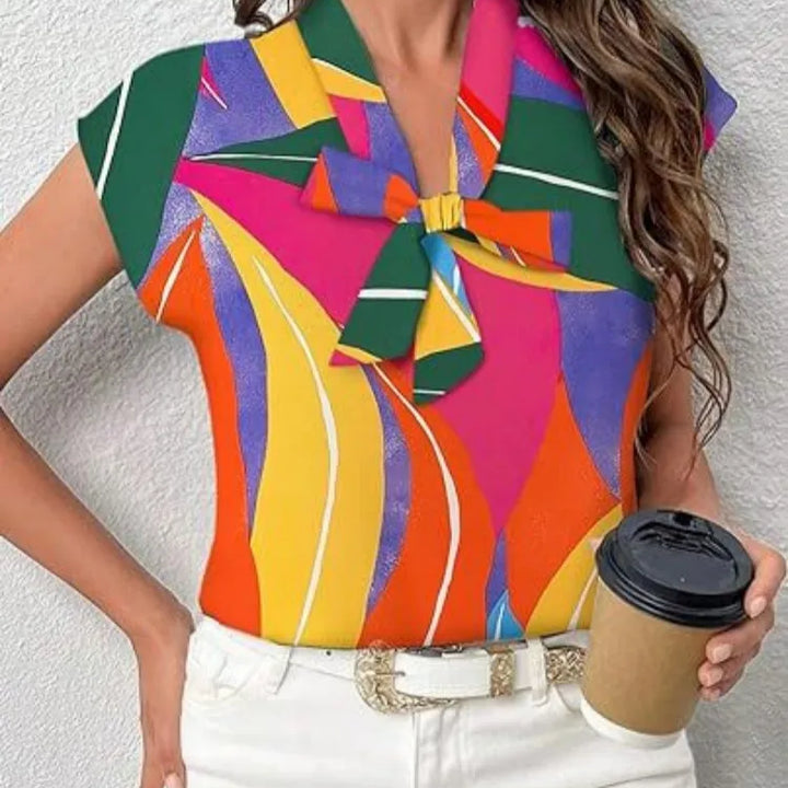 Women Summer Style Blouses Shirts Lady Casual Short Sleeve Bow Tie Collar Printed Blouse Tops