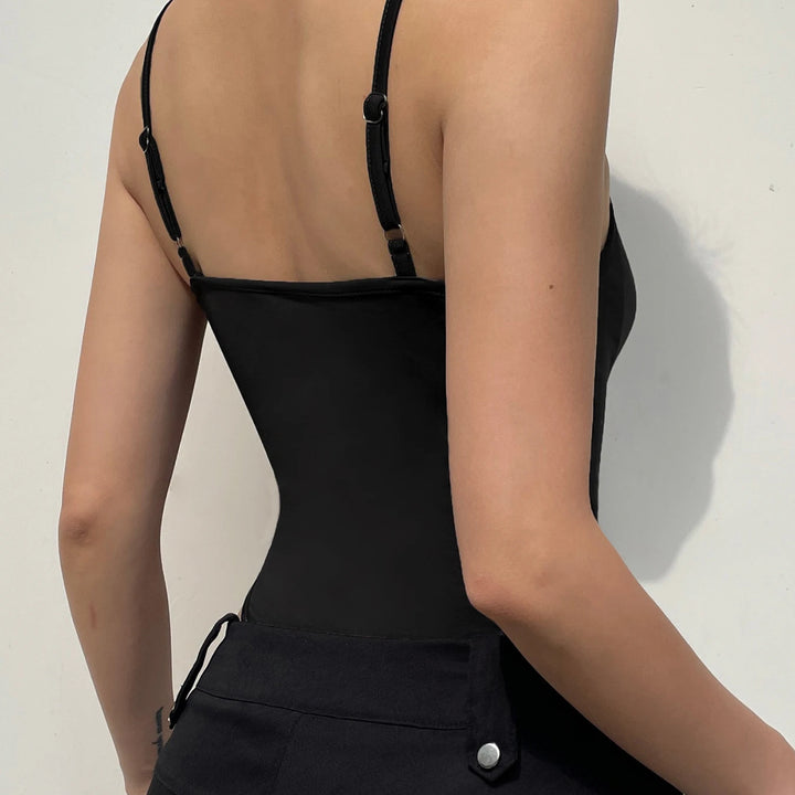 Sweetown Sleeveless Skinny Shirring Skinny Sexy Spaghetti Strap Bodysuit For Women Black Solid Simple Basic Vacation Camisole