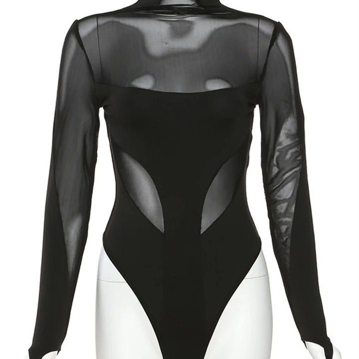 kliou Summer Women Above Knee Sexy&Club Mesh Patchwork Bodysuit K22K25045 Girl See Through All-match Tops One Piece Attirewear