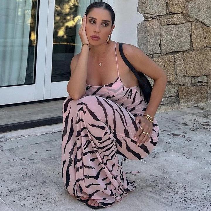 DGLUKE Zebra Long Beach Dress Cover-Up Sexy Transparent Mesh Maxi Dress Cut Out Bodycon Summer Holiday Vacation Dress Women 2024