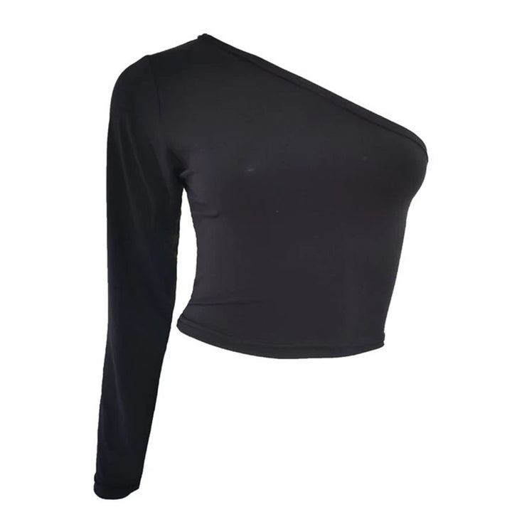 CDJLFH Sexy One Shoulder Crop Top T Shirt Women Diagonal Collar Long Sleeve Tshirt Casual Basic White Slim Fit Bodycon Tees Tops