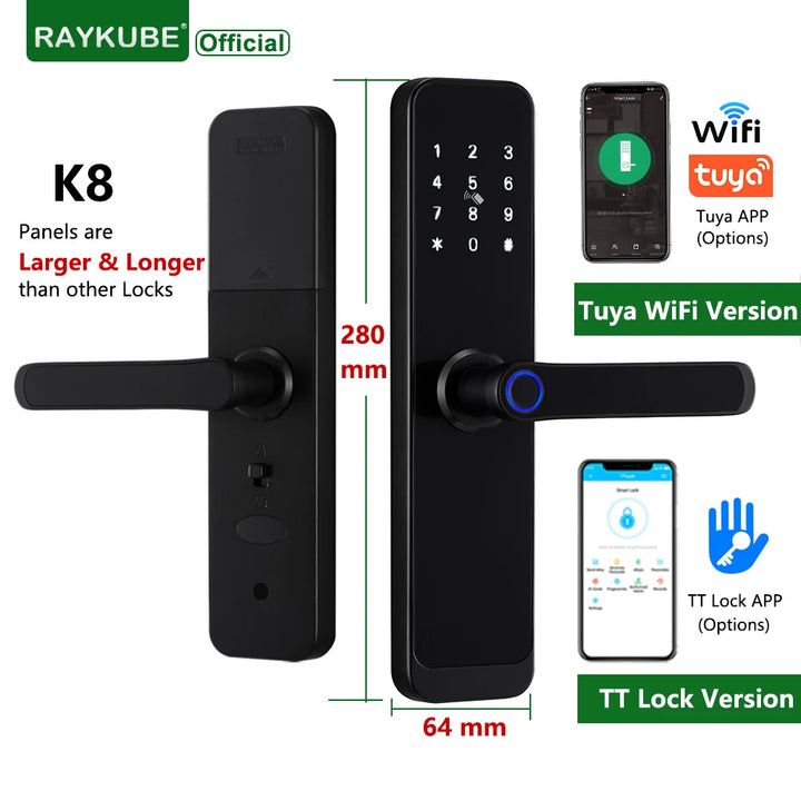 2023 NEW RAYKUBE K8 Tuya Wifi Smart Door Lock TT Lock Fingerprint Lock Digital Electric Lock With Longer Larger Handle Panels