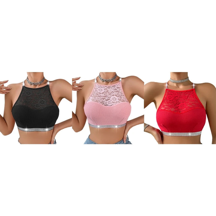 Lace Stitching Halter Neck Vest For Women Silver Ribbon Backless Underwear Outer Wear Slim Sexy Versatile Comfortable