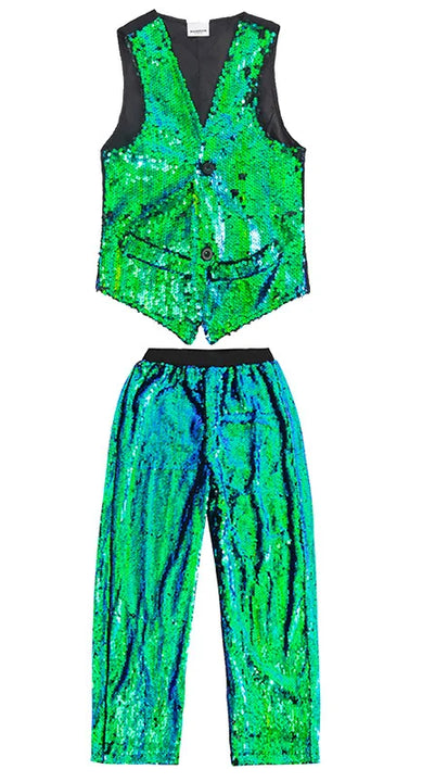 Girl Sequin Crop Tank Top Hip Hop Boys Green Vest Jacket Kids Jazz Shiny Pants Clothes Sets Child Street Dance Stage Costumes