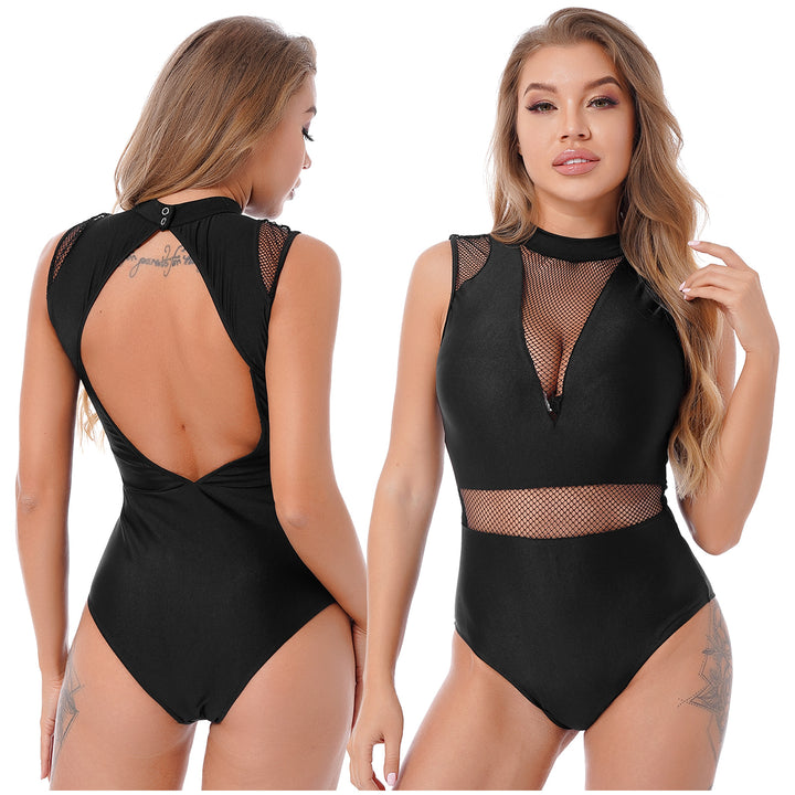 Ballet Dance Leotard Womens Adult Mesh Splice Gymnastics Bodysuit Dancewear One-Piece Backless Training Costume