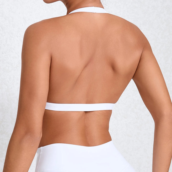 Sexy V-neck Sport Bra Women Underwear Sportswear Halter Backless Top for Fitness Yoga Wear Female Gym Active Bra with Cups White