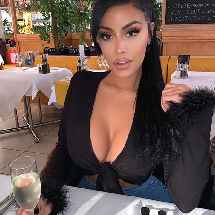 long sleeve fur V-neck wrapped bandage sexy crop tops autumn winter women streetwear club party outfits T-shirts